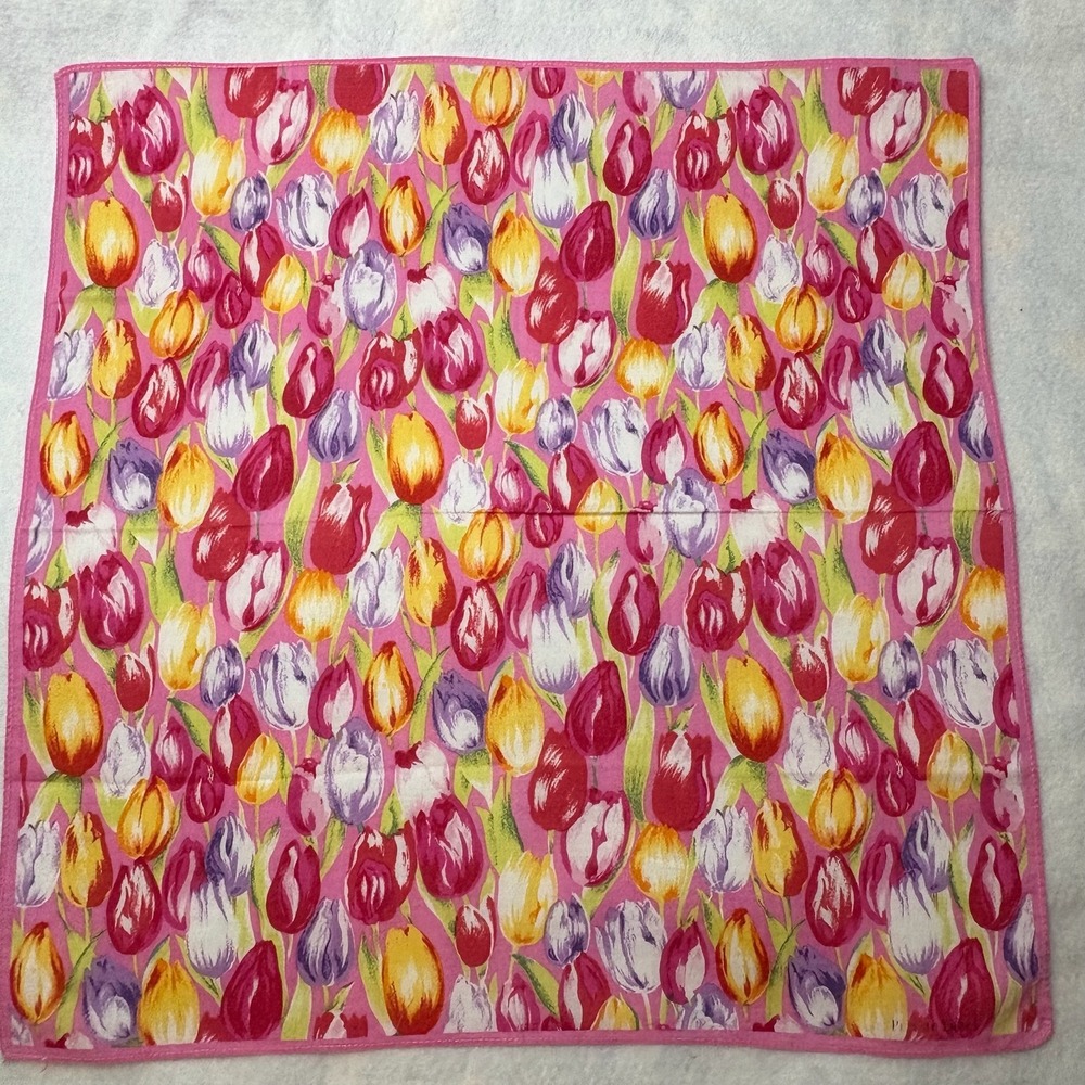 Vtg PRIVATE LABEL Scarf Handkerchief Tulip Floral Cotton Blend Pink 17"